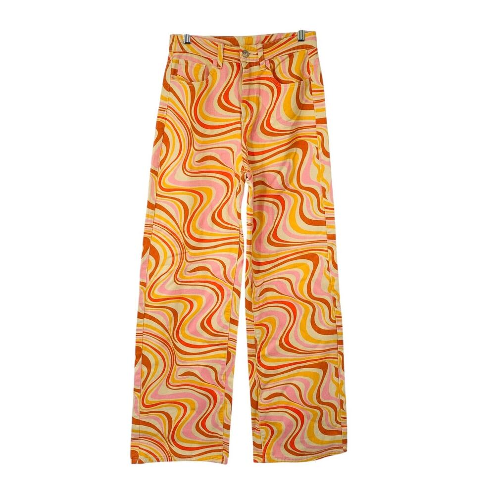 Retro Y2K Wide Leg Pants‎ High Rise Size 6 Groovy Orange Swirl Psychedelic Print